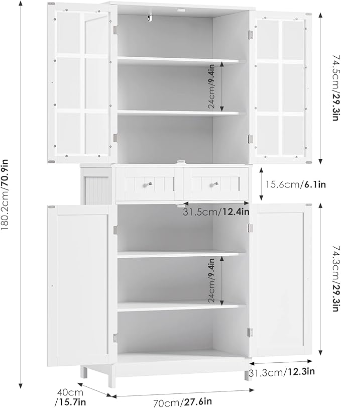 71" Tall Kitchen Pantry Storage Cabinet, Pantry Cabinet with Drawers and Glass Doors, Freestanding Kitchen Cupboard for Dining Room, Laundry, White