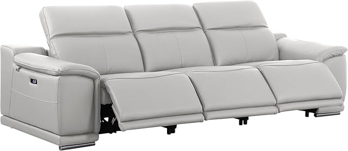 Blackjack Furniture Venice Top Grain Italian Leather Power Recline 6 Piece 5 Seater Sofa - 107" Theater Seating Modern Couch for Living Room Lounge with Adjustable Headrests & USB Port, Light Grey