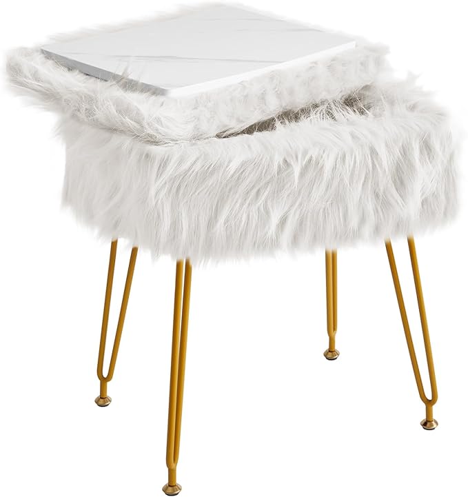 IBUYKE Rectangular Faux Fur Vanity Stool with Storage, Furry Makeup Chair Ottoman, Soft Padded Seat, Round Footrest Footstools with 4 Metal Legs, for Living Room Bedroom Entryway, White WBD022W
