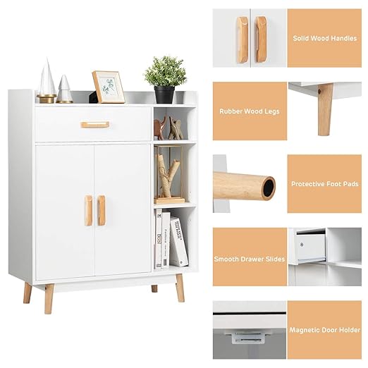 Giantex Floor Storage Cabinet, Freestanding Cupboard with 1 Drawer, 2 Doors, 3 Shelves, 4 Rubber Wood Legs, Sideboard, Entryway Unit for Home Office, Living Room, Storage Organizer (White)