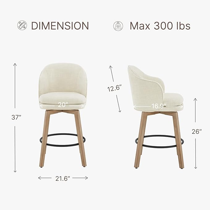 Counter Height Barstools 26 inch Upholstered Swivel Bar Stools with Back and Wood Legs for Kitchen Island,Set of 2,Linen Fabric-Armless