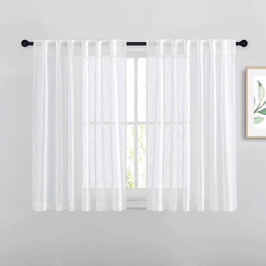 NICETOWN White Sheer Curtains 54 inch Length for Nursery, Rod Pocket & Back Tab Linen Blend Window Treatments Semi Sheer Privacy with Light Filter for Kids Room, W52 x L54, 2 Panels