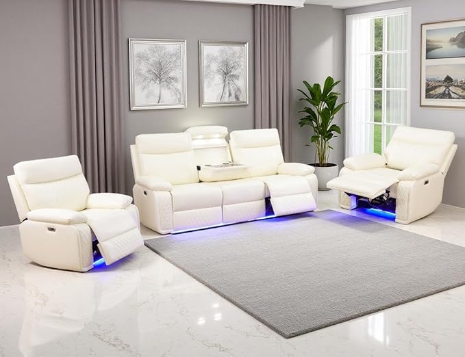 Power Recliner Sofa Set, 3PCS Living Room Set with Recliners, Luxury Recliner Sofa & 2 Chairs with Cup Holders/Charging, Breathing Leather Reclining Couch for Home Theater/Office, Cream White
