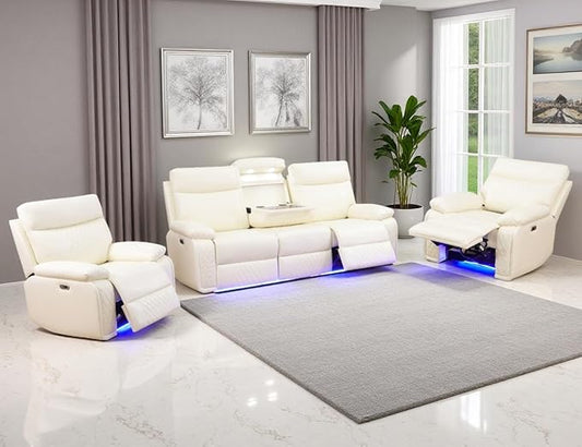 Power Recliner Sofa Set, 3PCS Living Room Set with Recliners, Luxury Recliner Sofa & 2 Chairs with Cup Holders/Charging, Breathing Leather Reclining Couch for Home Theater/Office, Cream White