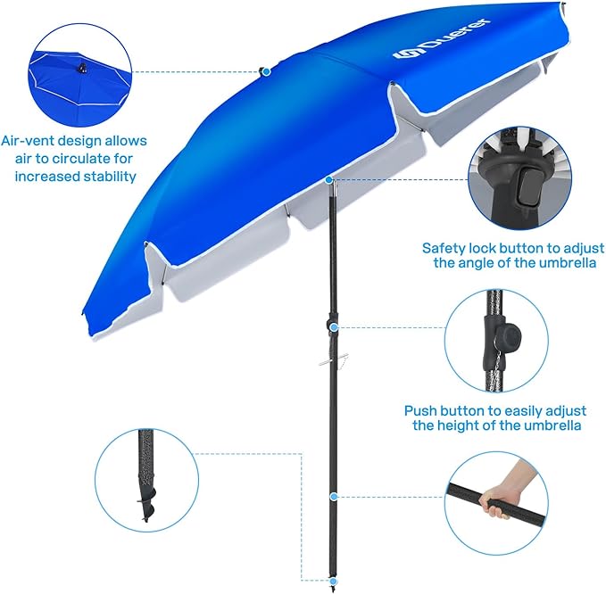 Duerer Beach Umbrellas, 7.5FT Beach Umbrella for Sand with Anchor Heavy Duty Windproof, Height Adjustable Tilt Iron Pole, Portable Beach Umbrella with Carrying Bag for Beach, Patio Garden Outdoor