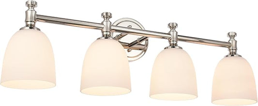Bathroom Vanity Light, 4-Light Bathroom Light Fixtures Over Mirror, Traditional Vanity Lights for Living Room, Milk White Bell Glass Shades, Standard E26 Base, Polished Nickel
