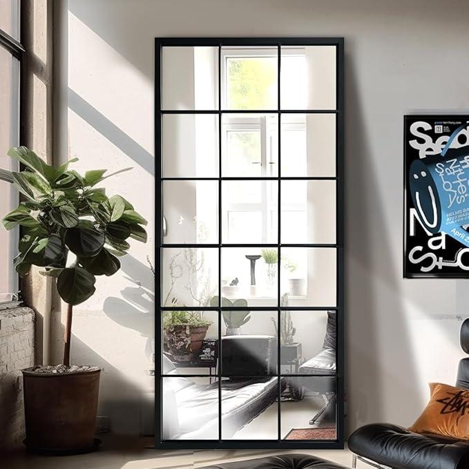Balck Full Length Mirror,Window Pane Grid Minimalism Long Floor Wall Mounted Mirrors for Entryway,Hallway,Living Room,Fireplace 22"X53"