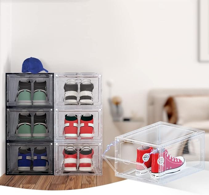 Large Clear Plastic Shoe Boxes Stackable, 10 Pack Drop Front Shoe Storage Box 0rganizer, Sneaker Storage Shoe Containers Display Case for Size 12 (Ash 10pack)