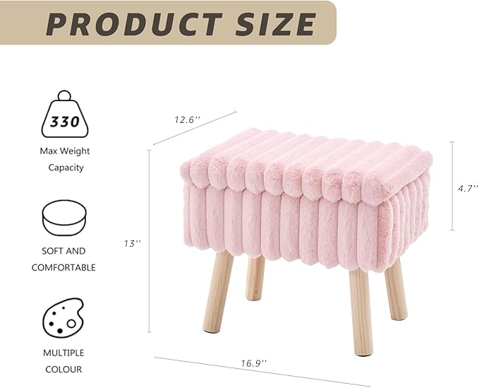Wimarsbon Storage Ottoman,Soft Faux Fur Footstool with Padded Seat, Small Reading Vanity Chair, Footrest with Wood Tray for Couch, Mini Coffee Table or Display Stand (Pink)
