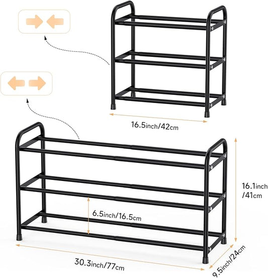 Expandable Shoe Rack, 16“-30” Adjustable Shoe Rack for Closet, Front Door Entrance, Entryway, Dorm, Small Space, Metal Shoe Organizer, Black 3 Tier
