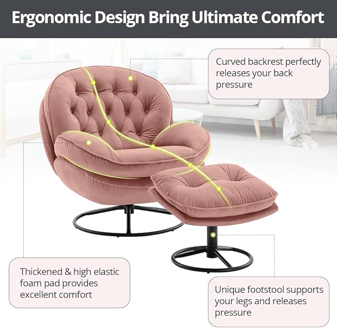 Velvet Swivel Accent Chair with Ottoman Set, Modern Lounge Chair with Metal Base Frame & Footrest, Comfortable Single Leisure Sofa Chair Reading Chair with 360 Degree Swiveling for Living Room, Pink