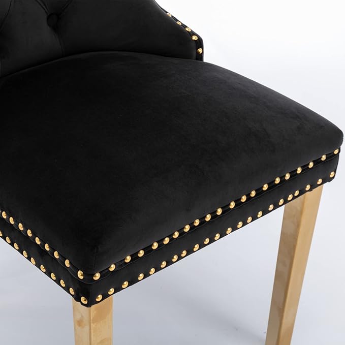 Solid Wood Velvet Upholstered Dining Chair with Golden Stainless Steel Plating Legs,Contemporary Design W/Nailhead Trim,Set of 2,for Living Room,Apartment,Black and Gold