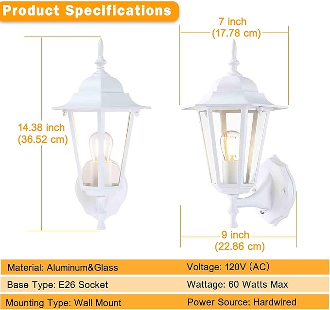 Outdoor Wall Lantern, Dusk to Dawn Exterior Wall Sconce with Clear Glass, Waterproof White Aluminum Porch Light, Anti-Rust Outside Lighting Fixtures for Patio Front Door Entryway, 1-Pack