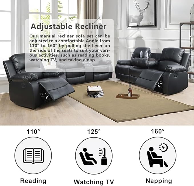 Vegan Leather Black Recliner Sofa Set 3PCS Reclining Couch Set Living Room Furniture Set Manual Reclining Sofas with Cup Holder/Storage Console/Flip Down Table for Home/Office (Black,3PCS Set)