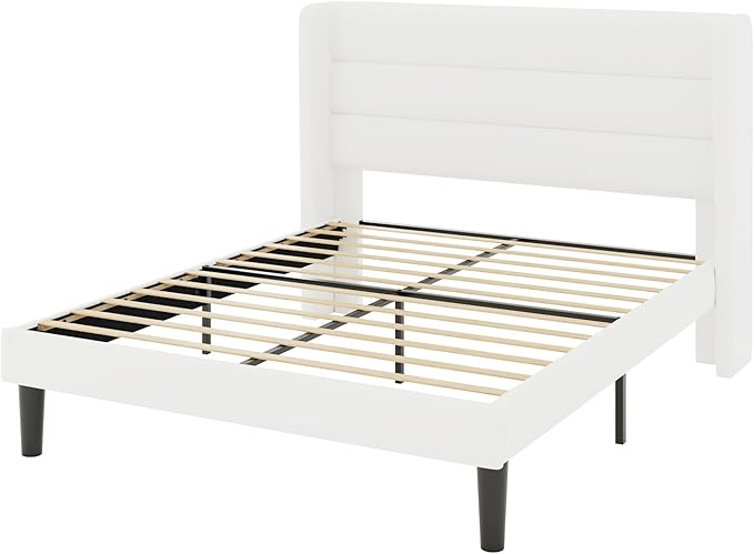 Allewie Queen Size Platform Bed Frame with Velvet Upholstered Wingback Headboard, No Box Spring Needed, Under Bed Storage Space, Strong Wooden Slats, Modern Mattress Foundation, Easy Assembly, White