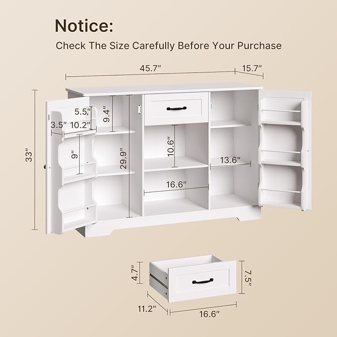 Gizoon Kitchen Sideboard Buffet Cabinet with Storage Coffee Bar Cabinet with Drawer, Kitchen Pantry Storage with Door and Shelves for Bathroom and Living Room, White