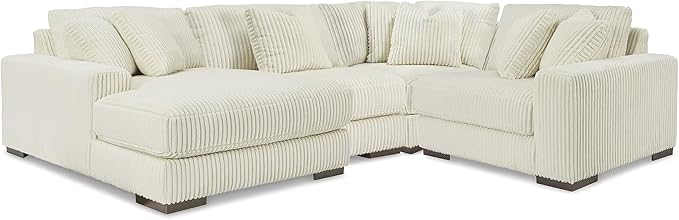 Signature Design by Ashley Lindyn Contemporary Right-Arm Facing 4-Piece Sectional with Chaise, Reversible Cushions, Armrest and Throw Pillows, White