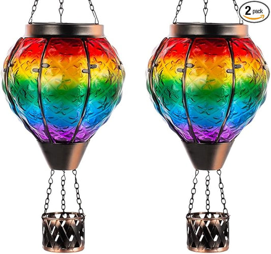 DREAMSOUL 2 PCS Rainbow Solar Hot Air Balloon Lantern with Flame, Metal & Glass Solar Lanterns Outdoor Waterproof for Lawn Patio Tree Decor
