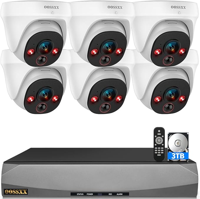 OOSSXX 4K 130° Ultra Wide-Angle 2-Way Audio 8MP Wired Dome PoE IP Cameras for Home Security Outdoor Camera System DVR Kits, Smart PIR Detection,DVR Kits (6Cams-3TB)