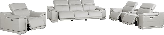 Blackjack Furniture Venice Top Grain Italian Leather Recliner 7 Seater 6 Power Reclining 3 Piece Sofa Set with Adjustable Headrests Modern Seating Sofa, Loveseat and Chair for Living Room, Light Grey
