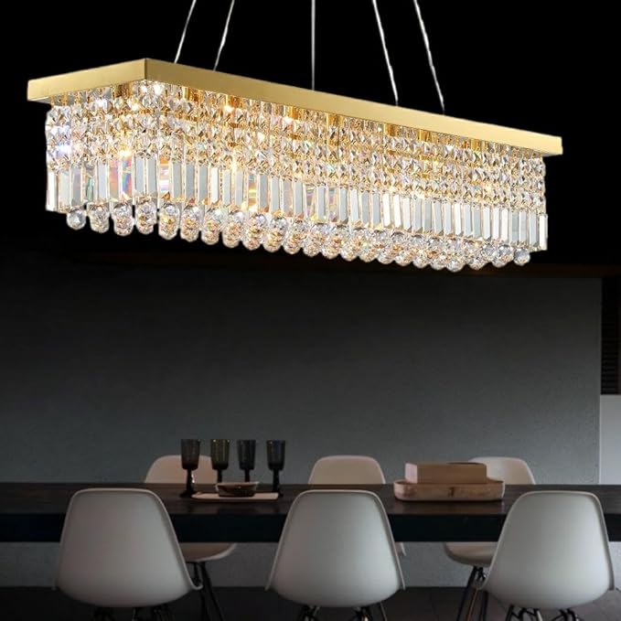 Modern Crystal Chandelier for Dining Room 8-Light Gold Rectangle Chandeliers K9 Crystal Ceiling Light Fixture Hanging Pendant Lights Kitchen Island Bar Bedroom Party Wedding Hotel