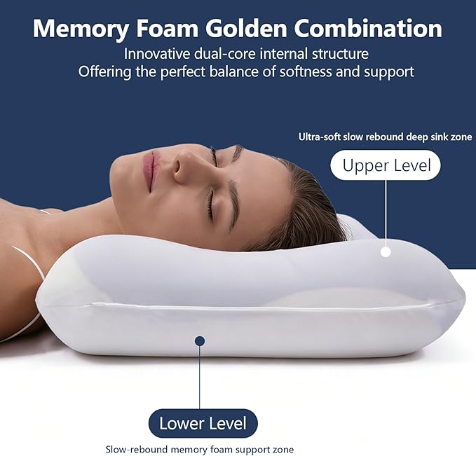 Memory Foam Pillow, Cooling Contour Bed Pillow for Sleeping, Medium Firm Neck & Shoulder Support, Double-Sided Design for All Seasons, Washable Cover (White Upgrade, 16 × 28 × 3 in)