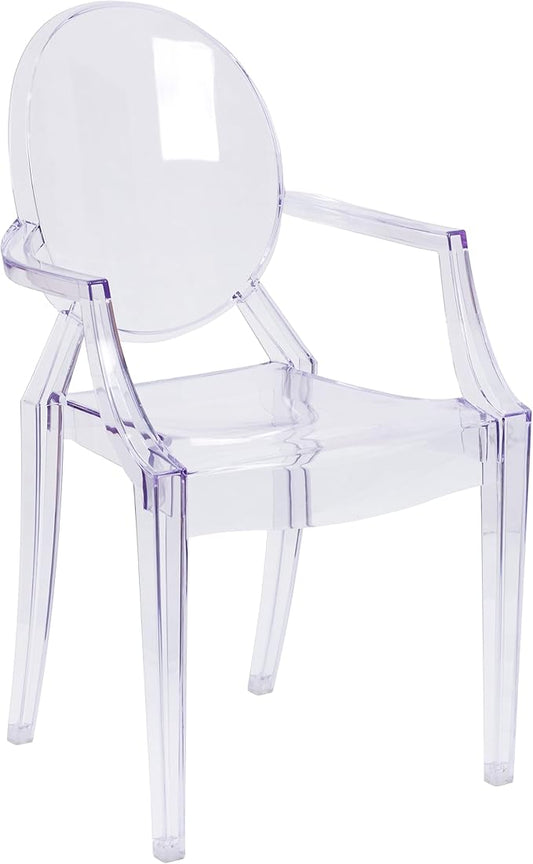 Flash Furniture Indoor/Outdoor Ghost Accent and Dining Chair with Curved Arms and Contoured Seat, Stackable Restaurant Chair, Transparent Crystal