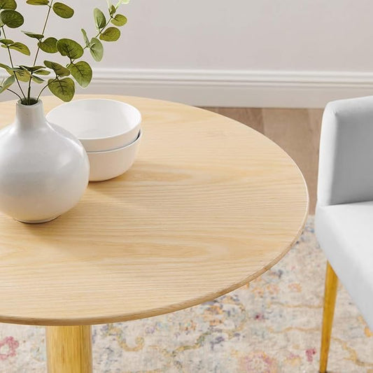 Modway Verne Round Wood Grain 28" Dining Table in Gold Natural