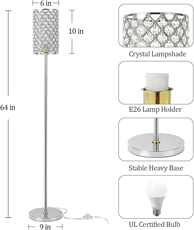 Crystal Floor Lamp with Remote Control, Smart Modern Silver Floor Lamps for Bedroom, Living Room, Crystal Standing Lamp Silver Home Décor, LED Bulb Included