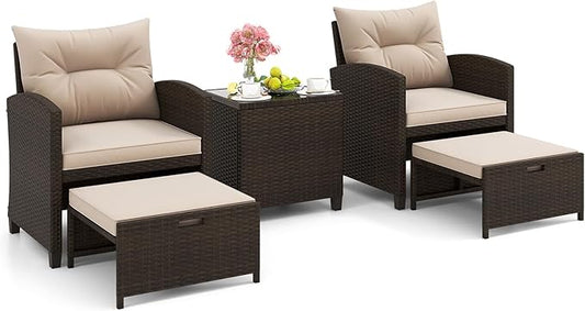 Tangkula 5 Pieces Patio Conversation Set, PE Wicker Rattan Outdoor Furniture Set with 2 Chairs, 2 Ottomans & Tempered Glass Coffee Table, Ideal for Poolside, Backyard, Lawn, Deck (Mix Brown & Beige)