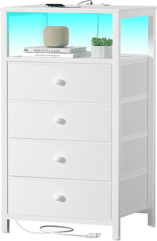 BOLUO Tall Night Stand with Drawers, White Nightstand with Charging Station and LED Light, Small White 4 Drawer Dresser for Bedroom, Room Storage Closet