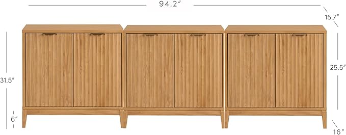 Nathan James Jasper Wood Modern Sideboard Accent Storage Cabinet TV Stand with Fluted Doors, for Kitchen or Living Room, Warm Pine, Set of 3