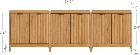 Nathan James Jasper Wood Modern Sideboard Accent Storage Cabinet TV Stand with Fluted Doors, for Kitchen or Living Room, Warm Pine, Set of 3