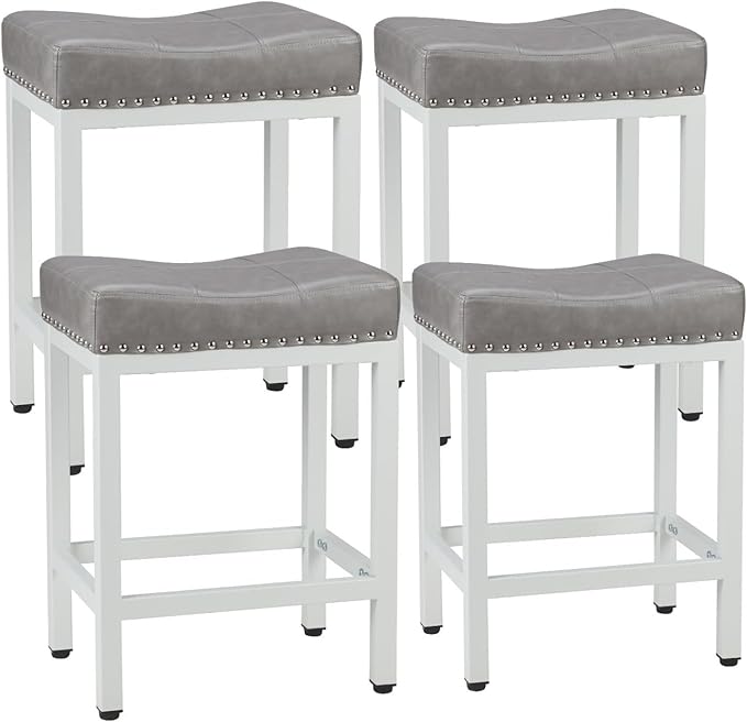 Bar Stools Set of 4, Upholstered Counter Height Stools with Padded Seats and Metal Base, Leather Saddle Stool for Modern Kitchen Island, 22.4-Inch, Grey