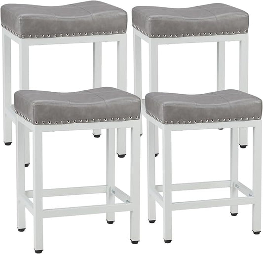 Bar Stools Set of 4, Upholstered Counter Height Stools with Padded Seats and Metal Base, Leather Saddle Stool for Modern Kitchen Island, 22.4-Inch, Grey