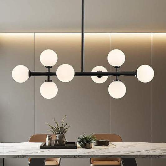 Modern Linear Chandeliers for Dining Room, 8-Light Globe Sputnik Pendant Ceiling Light, Black Dining Room Light Fixture Over Table, Mid Century Glass Milk White Bubble, 31.5 Inch, GC-09