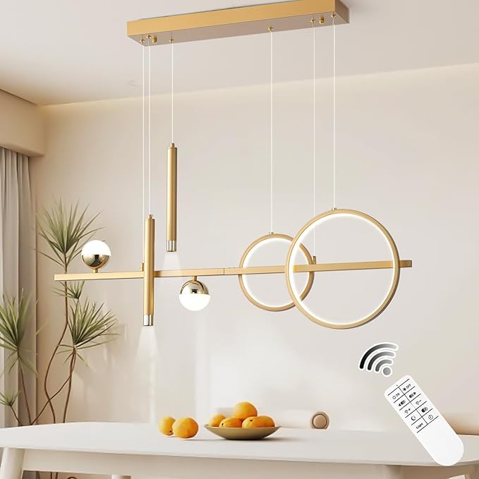 LED Gold Chandeliers for Dining Room, 39in Dimmable Modern Chandelier Gold Pendant Lights for Kitchen Island, Linear Ring Globe Pendant Light Fixtures Dining Room Lights Ceiling Hanging