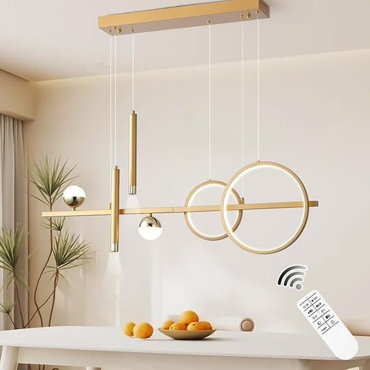 LED Gold Chandeliers for Dining Room, 39in Dimmable Modern Chandelier Gold Pendant Lights for Kitchen Island, Linear Ring Globe Pendant Light Fixtures Dining Room Lights Ceiling Hanging