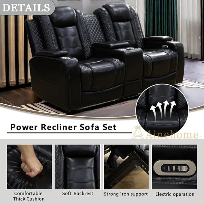 A Ainehome Power Leather Recliner Sofa Set with LED Lights, Recliner Sofa Sectional Couches for Living Room, Reclining Sofa, loveseat, Chair with USB Port/Storage Console/Cup Holder(Black,loveseat)