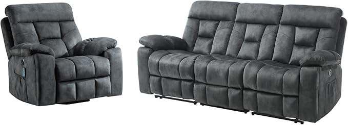 EBELLO 2 Piece Reclining Living Room Set, Soft Fabric Recliner Sofa Furniture Set, Included Power Lift Recliner Chair with Massage and Heat and 3 Seat Sofa, Dark Greenish-Grey