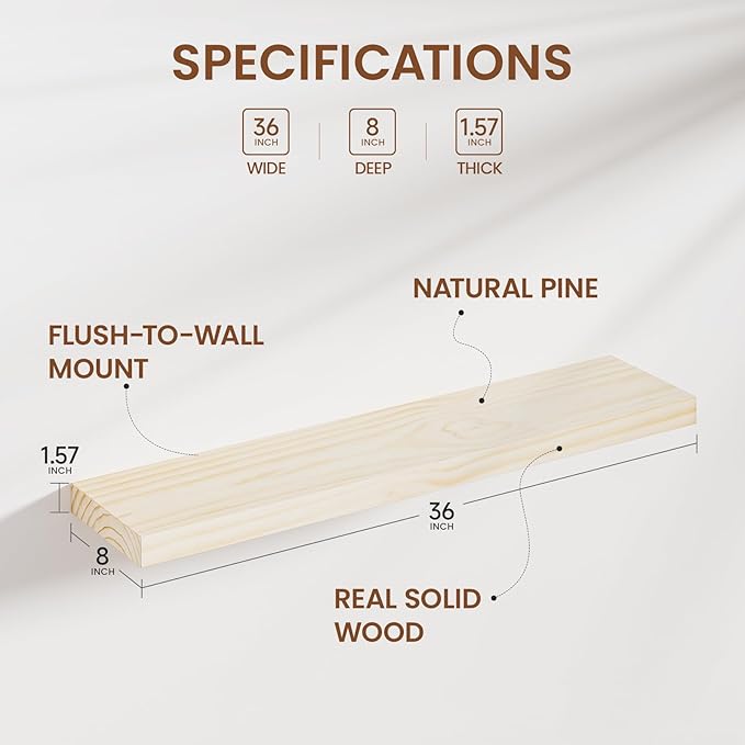 Heimlove 36 Inch Floating Shelves for Wall Solid Wood Shelves Set of 2,Wall Mounted Rustic Wood 8 Inch Deep Floating Shelf with Invisible Brackets for Bedroom Kitchen Living Room