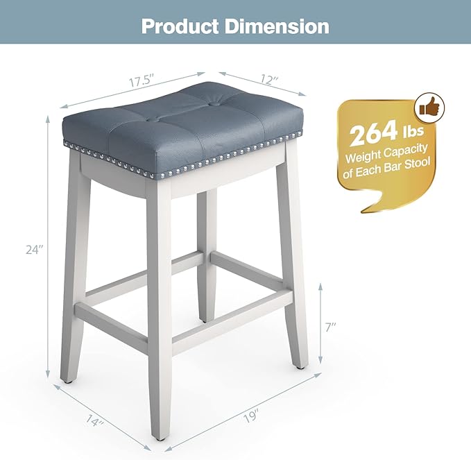 COSTWAY Bar Stools Set of 2, 24-Inch Height Backless Counter Stool with Footrest, Soft Seat Cushion, Wood Legs and Non-Slip Foot Pad, Saddle Stools for Home Kitchen Living Room, Stone Gray+White