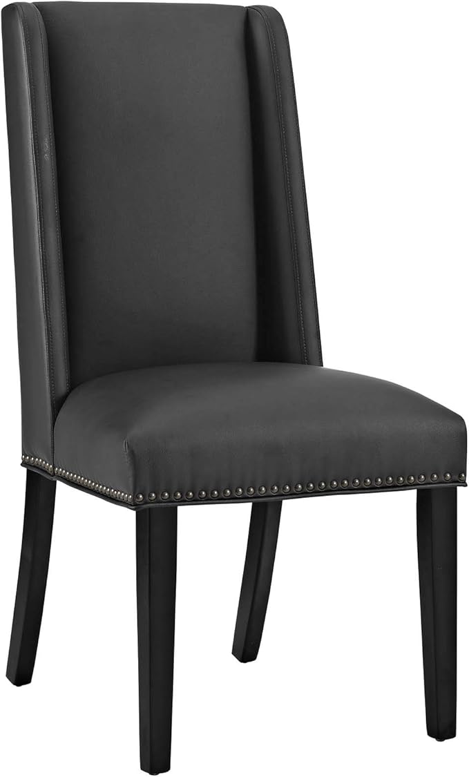 Modway Baron Modern Tall Back Wood Faux Leather Upholstered Parsons Four Kitchen and Dining Room Chairs with Nailhead Trim in Black
