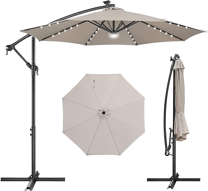 FLAME&SHADE 10ft Solar Cantilever Umbrella with 40 LED Lights, Lighted Large Offset Outdoor Patio Umbrellas, 8 Sturdy Ribs, UPF50+ UV Protection for Pool Deck Garden Yard, Taupe