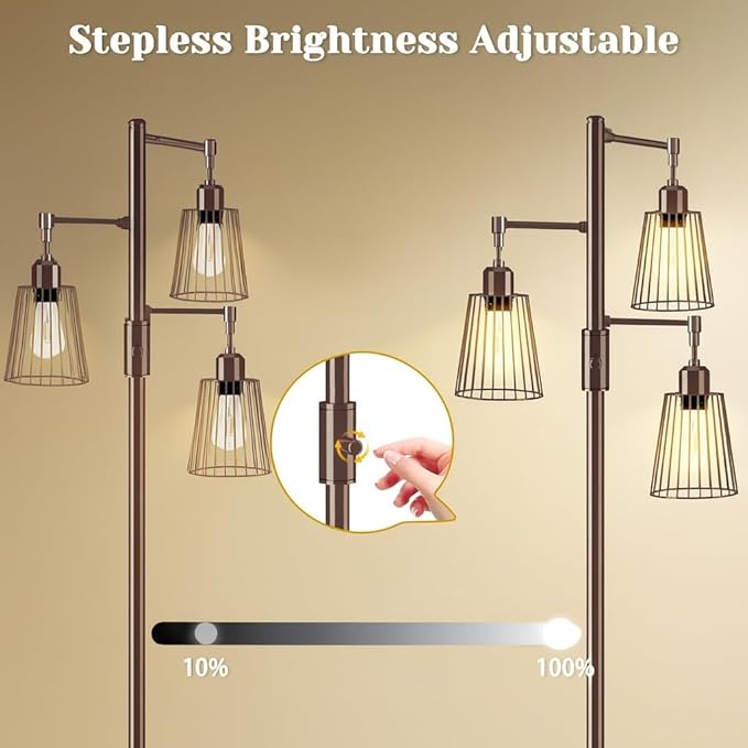 PESRAE Dimmable Industrial Floor Lamp, Farmhouse Floor Lamp Standing Lamp with 3 Elegant Teardrop Cage Heads & Included 3 x 1200LM Edison LED Bulbs, Tall Lamp for Living Room, Bedroom(Brown)