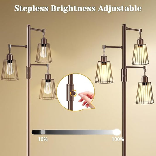 PESRAE Dimmable Industrial Floor Lamp, Farmhouse Floor Lamp Standing Lamp with 3 Elegant Teardrop Cage Heads & Included 3 x 1200LM Edison LED Bulbs, Tall Lamp for Living Room, Bedroom(Brown)