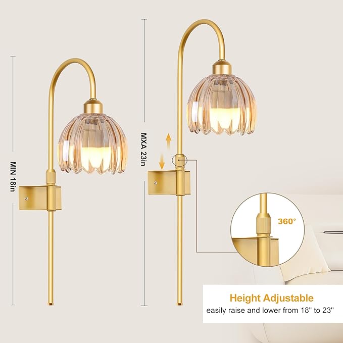 Vintage Battery Operated Wall Sconces Set of Two, Flower Wireless Rechargeable Battery Powered Wall Lights Lamp with Remote Control & Green Glass Lampshade,Gold Wall Sconces for Bedroom Living Room
