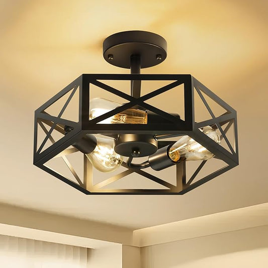Modern Semi Flush Mount Ceiling Light,3-Light Hexagon Flush Mount Ceiling Lights for Dining Room Light Fixture,Farmhouse Black Metal Kitchen Island Lighting Fixtures for Hallway,Bathroom