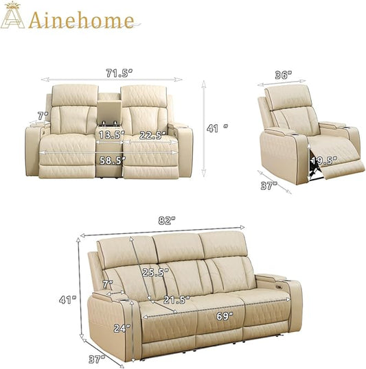 A Ainehome Power Recliner Sofa Sets with LED Lights, Recliner Couch Leather Sectional Couches for Living Room, Reclining Sofa and loveseat with Storage Console (Living Room Set, Khaki)