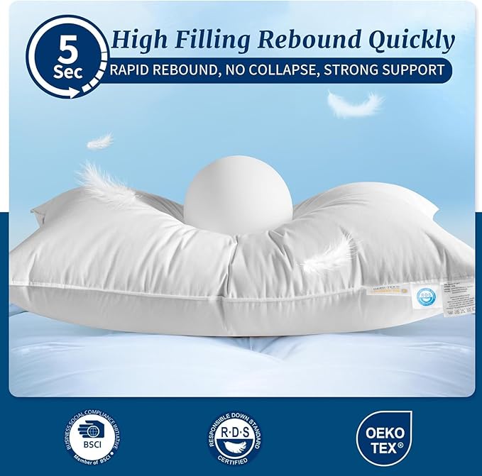 Canadian Luxury Goose Down Pillow Standard Size, 750 Fill Power, 100% Cotton with Teflon Shell- Ultra Comfort Sleep Pillows - Bed Pillows for Back, Stomach(White,Standard(Pack of 2))